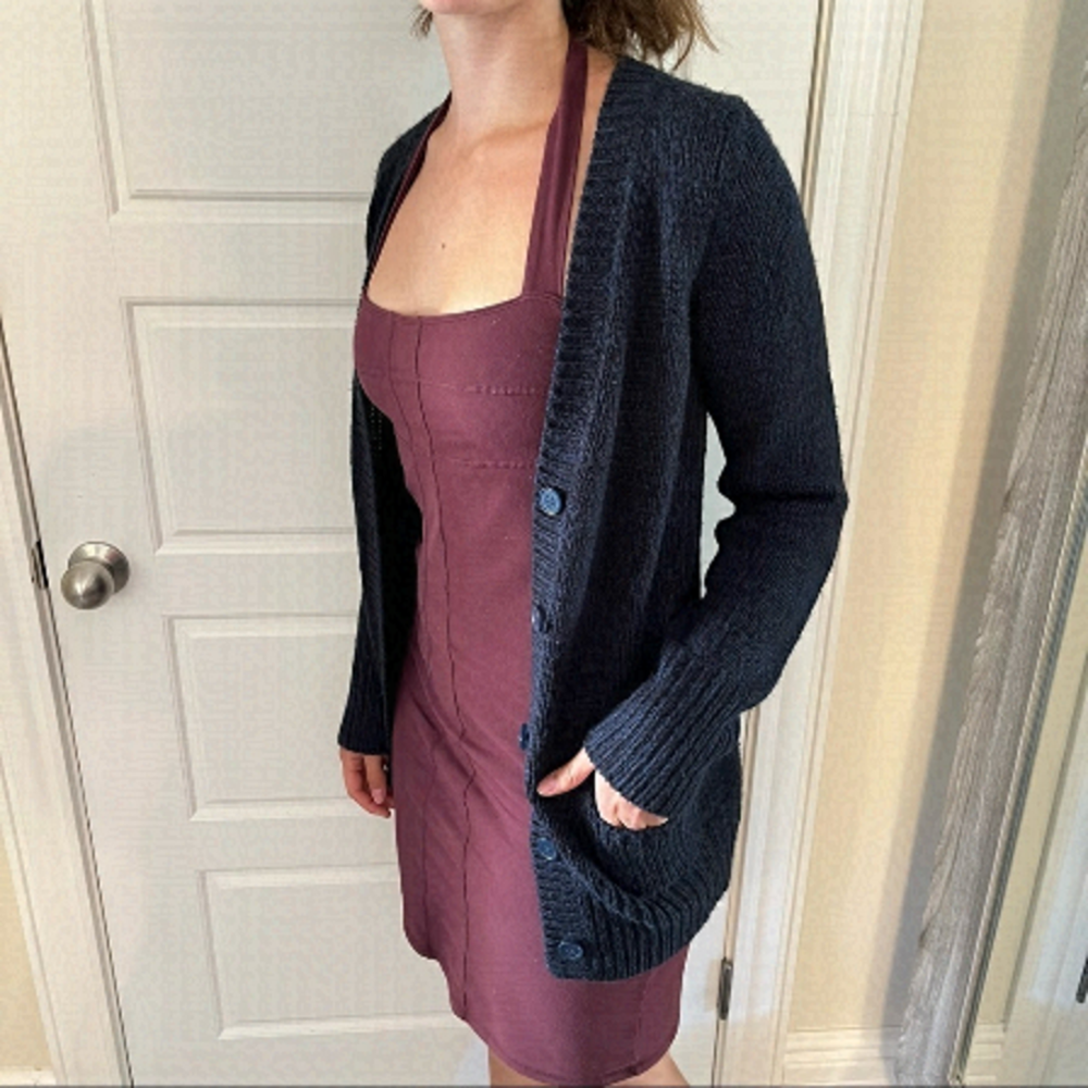 Joe FRESH Deep Navy Chunky Knit Pocket Long Buttonup Grampa Cardigan Sweater